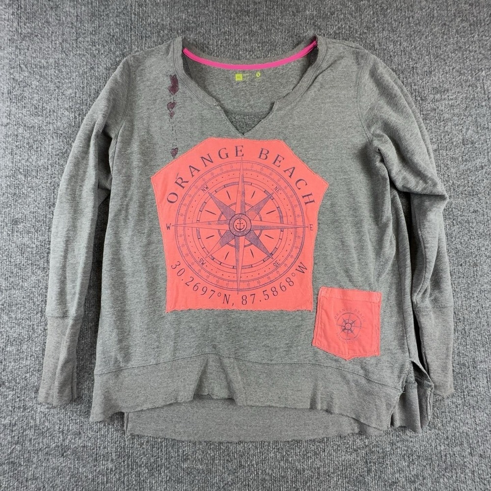 Xersion Sweatshirt Womens XL Gray Orange Beach Compass Graphic Pullover V Neck